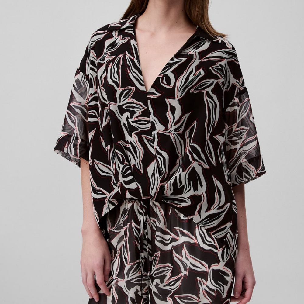 Calvin Klein Black Abstract Leaf Print faux wrap blouse